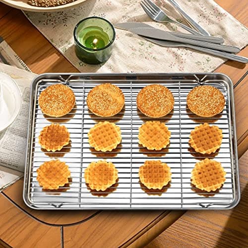 Wildone Baking Sheet & Rack Set [2 Sheets + 2 Racks], Stainless Steel Cookie Pan with Cooling Rack, Size 16 x 12 x 1 Inch, Non Toxic & Heavy Duty & Easy Clean 6