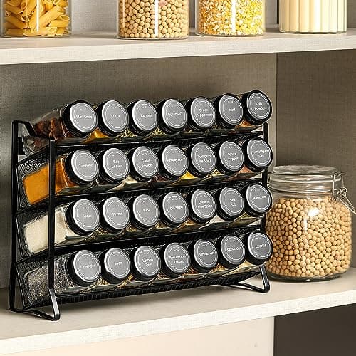 AOZITA Spice Rack Organizer for Cabinet, Spice Organizer with 28 Empty Spice Jars with Black Lids, Funnel, Spice Labels, Seasoning Organizer for Countertop, Cabinet, Kitchen, Pantry, Cupboard 6