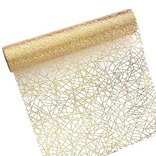Coume 11" x 33 FT Gold Table Runner, Sheer Gauze Sequin Glitter Foil Table Runner Roll Mesh Metallic Gold Tables Decoration for Valentine's Day Mother's Day Wedding Anniversary Birthday Party Holiday