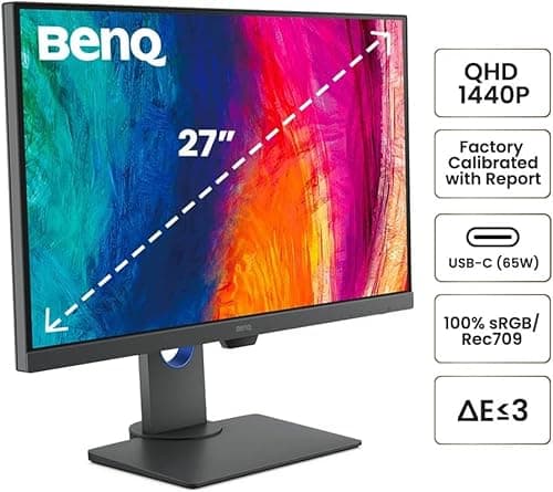 BenQ PD2705Q AQCOLOR 27" QHD 1440P Mac-Ready Monitor, 100% Rec.709 & sRGB, IPS, DeltaE ≤3, Uniformity, Factory-Calibrated, AQCOLOR, Pantone, Ergonomic, DisplayPort, USB-C(65W), USB Hub, Daisy Chain 7