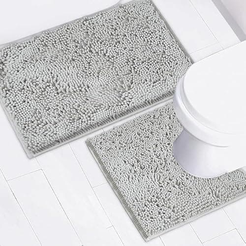 AINAHYVA Bathroom Rugs Chenille Bath mat 2 Piece Set, Super Absorbent, Strong PVC Non Slip Backing, Bath mats for Bathroom, Plush Shaggy, Thick, Machine Washable, Bathtub, Toilet.(Light Grey)