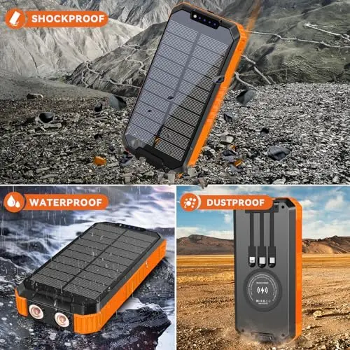 Durecopow Solar Charger Power Bank 49800mAh Wireless Battery Pack PD18W QC3.0 Fast Charging Built in 3 Cables with USB-C 6 Outputs & 2 Inputs for Cell Phone 7