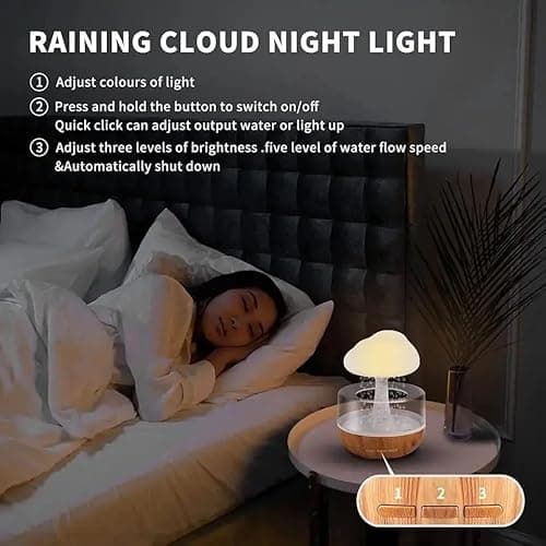 Rain Cloud Humidifier LED Diffuser Multicolor LED Light Home Aromatherapy Ultrasonic Wooden accent 300ml Water tank 5