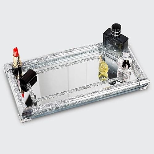 SHYFOY Mirror Perfume Tray for Dresser Crushed Diamond Crystal Trays for Vanity Silver Glass Decorative Bathroom Tray for Home Decorative, Party, Hotel Banquet, NO Letters,12.5 x 6.5 x 1.5 Inches