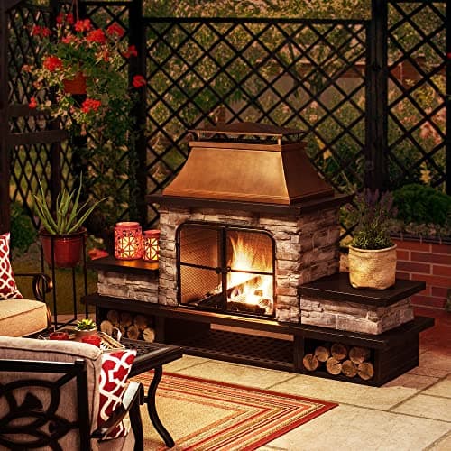 Sunjoy Outdoor Fireplace, Patio Wood Burning Fireplace with Steel Chimney, Mesh Spark Screen Doors, Fire Poker, and Removable Grate, Copper and Black 2