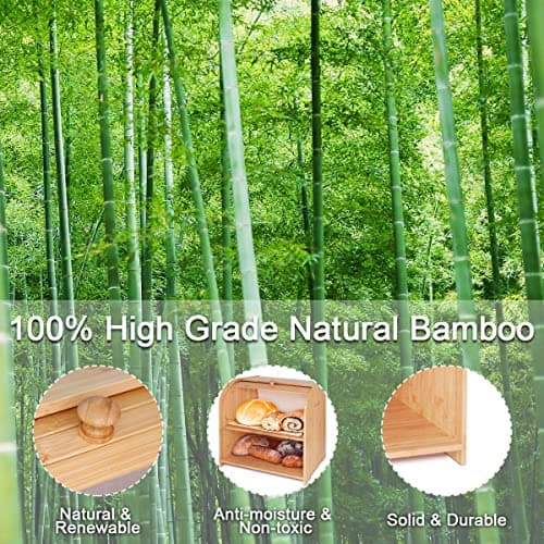 Purbambo Bamboo Bread Box for Kitchen Countertop, Double Layer Roll-top Bread Storage Boxes Food Keeper With Adjustable Middle Shelf 7