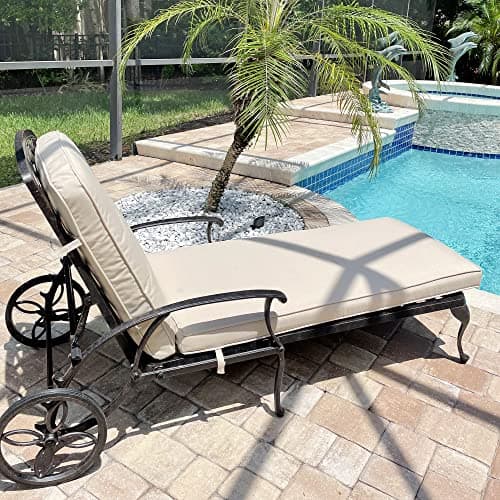 HOMEFUN Outdoor Chaise Lounge Chair with Cushion - Poolside Set of 1 Chair for Outside Cast Aluminum Waterproof Lounger with Wheels and Adjustable Reclining (Beige Cushion) 7