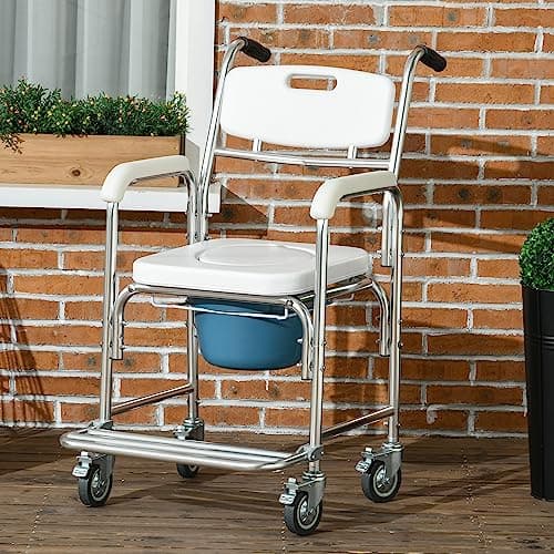 HOMCOM 3-in-1 Shower Commode Wheelchair, FSA/HSA Eligible Transport Beside Commode Chair, Waterproof Rolling Over Toilet Chair 330 lbs. Weight Capacity with Padded Seat, White 6