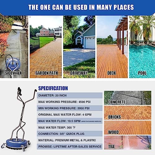 MEKOH Pressure Washer Surface Cleaner 20'', 4500PSI Power Washer Surface Cleaner Attachment with Wheels, Pressure Washer Accessory for Driveway Sidewalk Curb Deck Patio Cleaning, 3/8'' Quick-Connect 8