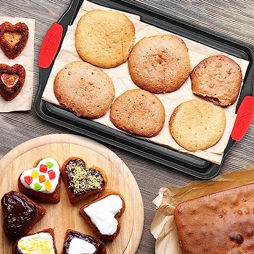2 Piece Set Nonstick Carbon Steel Oven Bakeware -Professional Quality Kitchen Cooking Baking Trays -PFOA, PFOS, PTFE-Free Small & MediumBaking Sheet Pans with Red Silicone Handles 7