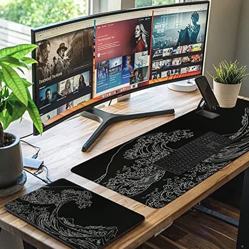 iCasso Mousepad, Gaming Mouse Pad, XXL Large Desk Mat, Big Rubber Base Mouse Mat with Stitched Edges, Computer Keyboard Desk Pad for Work, Game, Office, Home - Black Wave of Kanagawa 7