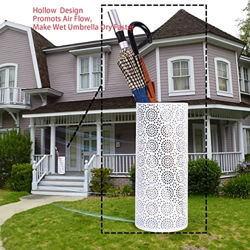 BEWBBAT Umbrella Stand Rack for Entryway, Free Standing Metal Umbrella Holder, Round Umbrella Organizer Bin with 3 Hooks for Long Short Umbrella, Walk Stick, Home Office Indoor, 17 x 7 Inch, White 5