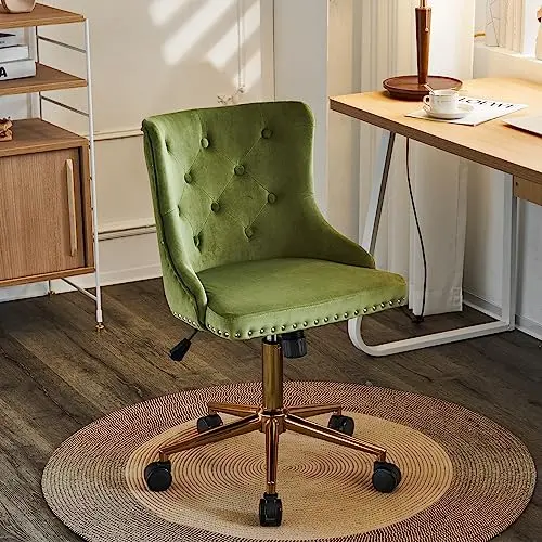 VINGLI Olive Green Velvet Armless Office Desk Chair with Gold Base/Wheels, Small Cute Vanity/Makeup Chair with Back for Bedroom, Upholstered Adjustable Rolling Swivel Nail Chair for Women/Girls