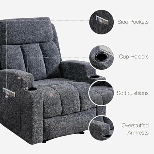 Phoenix Home Manual Recliner Chair with Massage and Heat Ergonomic Overstuffed Breathable Fabric Reclining Chair with 2 Side Pockets, 2 Cup Holders, Remote Control, Living Room, Bedroom, Dark Gray 5