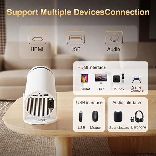 Mini Projector with Latest Android 13 - HY300 Portable Movie Projector with WiFi 6 Bluetooth 5.2: Built-in Apps, 4K/1080P Support, Auto Keystone, 180° Rotatable, 40"-130" Big Screen Video Projector 9