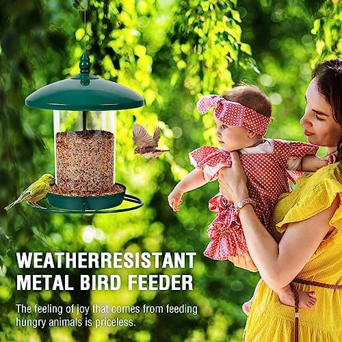 Metal Bird Feeder for Outdoors Hanging,3.0LB Seed Feeder,Easy to Fill & Clean,360° Feeding,Chew Proof Weatherproof Roof for Gardens and Wild Birds,Green 6