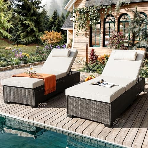 Reljofum Patio Chaise Lounge Set of 2, Brown Rattan, Adjustable Backrest, Recliners with Beige Cushion
