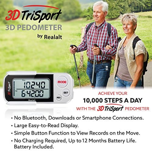 Realalt 3DTriSport 3D Walking Pedometer with Clip & Strap, Accurate Step Counter with 30-Day Memory, Distance in Miles/KM Large Display Perfect for Seniors & Beginners eBook Included - White 6