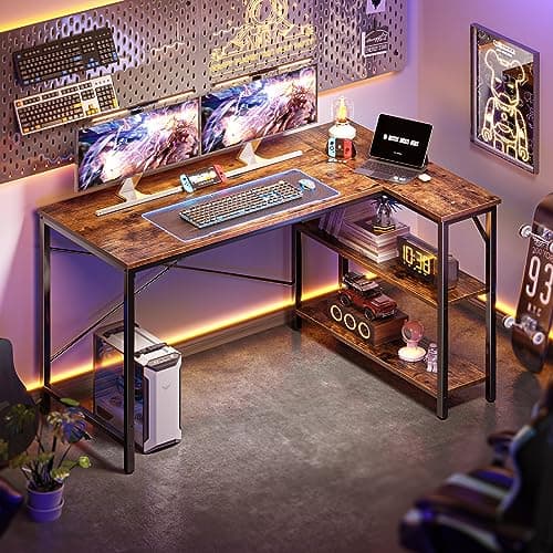Huuger 47 Inches L Shaped Desk, Computer Desk with Reversible Storage Shelves, for Gaming Corner Home Office Writing Study, Metal Frame, Rustic Brown 6