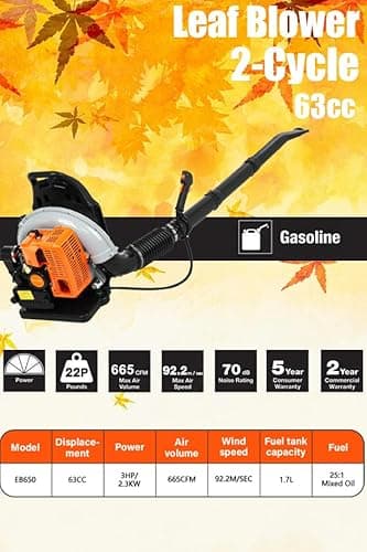 63CC 3HP 2 Stroke Backpack Gas Powered Leaf Blower, Grass Lawn Blower Air Cooling Gasoline Backpack Grass Blower with Air-Cooled, Snow Blower for Outdoor - 665CFM 8