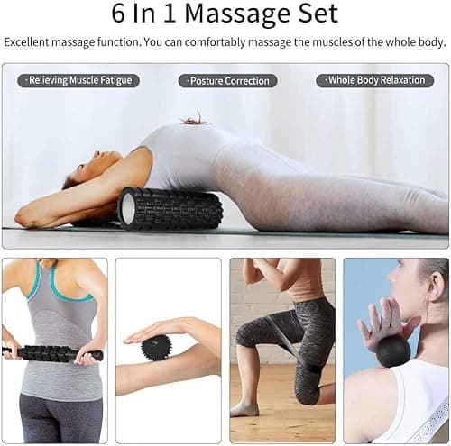 Aucuu 6 in 1 Foam Roller Set Includes Hollow Core Massage Roller, Yoga Stick, Massage Ball, Fitness Stretching Strap, Carrying Bag, Towel, Massage Roller (Black) 7