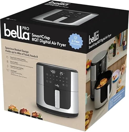 Bella Pro Series 8-Qt Smart Touchscreen Air Fryer – High-Capacity, Oil-Free Cooking, Crisp Technology, 1700W Power, 8 Presets, Dishwasher Safe, Stainless Steel Design (Stainless Steel) 8