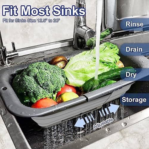 ROTTOGOON Collapsible Colander Strainer, Expandable Over the Sink Colander for Kitchen, Adjustable Silicone Sink Strainer, Foldable Large Colanders Basket to Wash Vegetable, Fruit, 15" to 19.8", Gray 8