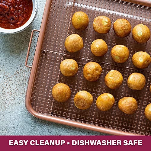 Gotham Steel Air Fryer Tray, 2 Piece Nonstick Copper Crisper Air Fry Basket For Convection Oven, Also Great For Baking & Crispy Foods, Dishwasher Safe – Large, 12.5” x 9” 10