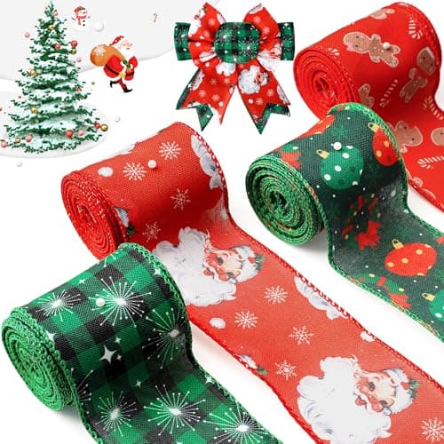 Christmas Ribbon, 4 Rolls 20 Yards 2.5 Inch Christmas Ribbon Wired Edge Ribbon for Home Wreath DIY Craft Decoration Supplies (Classic)