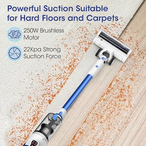 AYONTIN Cordless Vacuum Cleaner, Brushless Motor Powerful Suction Stick Vacuum, LED Display, with 2500 mAh Detachable Battery, 45 Mins Runtime Vacuum Cleaners for Home/Pet Hair/Hardwood/Carpets, Blue 8