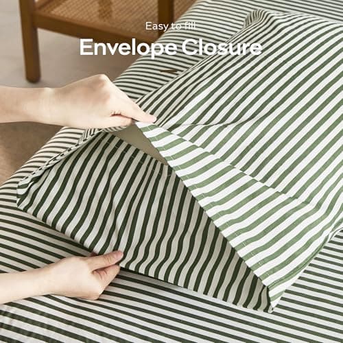 JELLYMONI 100% Natural Cotton Striped Standard Pillowcases Set, 2 Pack White and Green Stripes Pattern Printed Pillow Covers with Envelope Closure(Pillows are not Included) 5