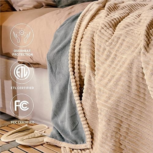HOMISPRITE Heated Blanket King Size 100"x90",ETL Certification-6 Heating Levels Electric Blanket&1-10 Hour Auto Off,Heating Blanket with Dual Controller (Beige) 5