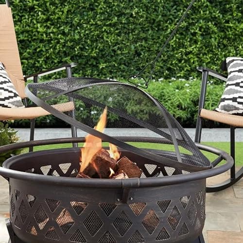 Four Seasons Courtyard 35" Steel Wood Burning Fire Pit Round Outdoor Backyard Patio Deck Fireplace with Protective Spark Screen and Safety Ring, Black 5