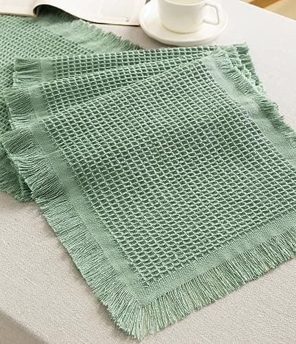 Vitalizart Dusty Green Table Runner 14"x36" Waffle Weave Boho Rustic Fringe Cotton Farmhouse for Home Decor Coffee Table Cloth Bedroom Kitchen Dining Decoration