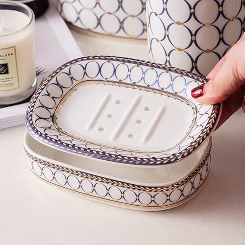 Self Draining Soap Dish, Double-Layer Bar Soap Tray, White Ceramic Soap Dish with Elegant Patterns (Style B)