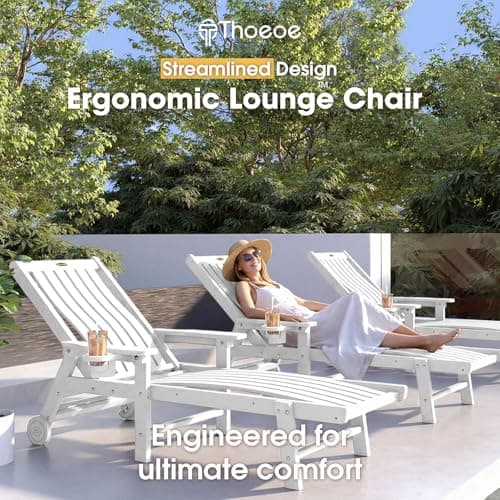 THOEOE Patio Chaise Lounge Chair, Oversized Lounge Chair Outdoor with 5 Positions, HDPE, Patio Lounge Chair with Wheels & Cup Holder for Pool, Deck, Poolside,White 3