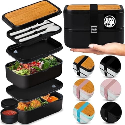 KARRICO Double Premium Bento Box Adult, 67 fl oz BPA-Free - Black Stackable Lunch Box with Leak-Proof Lids & Dividers, Perfect for Meal Prep, Lunches & Portion Control