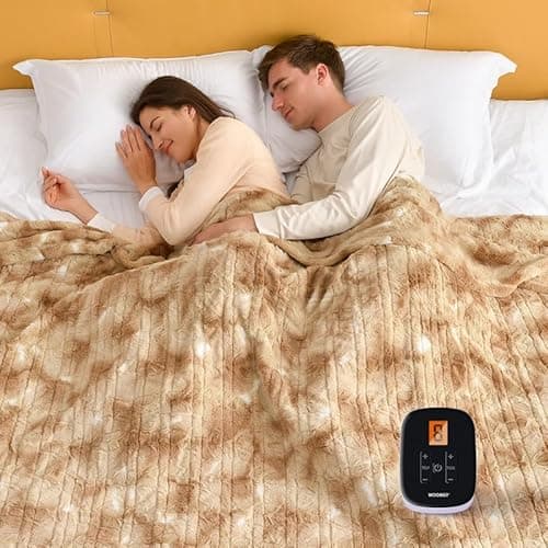 WOOMER Electric Blanket Full Size 77" x 84", Heated Blanket with 0.5-12 Hours Timer & 10 Heating Levels, ETL Certified, Beige Double-Sided Faux Fur, Over-Heat Protect, Machine Washable