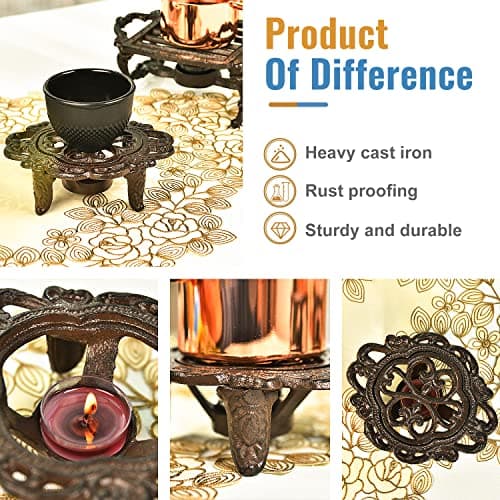 Sungmor Cast Iron Teapot Warmer Dish Cups Heater Pot Trivet - Rustic & Graceful Pattern Design with Tealight Holder - Heavy Duty & Decorative Candle Holder Stands for Heat Food Coffee Milk or Tea 5