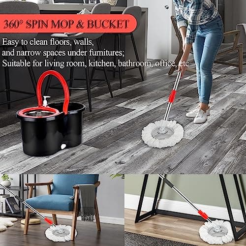 Spin Mop and Bucket with Wringer Set, 360° Spinning Mop Bucket System with 3 Microfiber Mop Replacement Heads and 61" Stainless Steel Adjustable Handle for Floor Cleaning 6