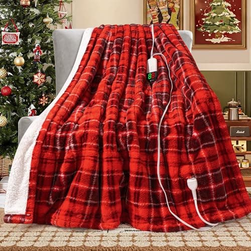 MAXEVE Heated Electric Blanket, 50"x60" Faux Fur Fast Heating Throw Blankets with 8 Heating Levels & 8 Hours Auto Off with Over-Heat Protection & ETL Certified, Plaid Red