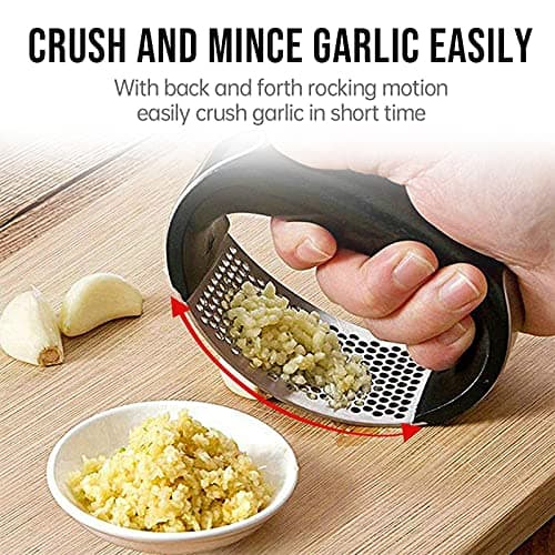 Garlic Press Rocker, Stainless Steel Garlic Mincer Crusher Professional Kitchen Gadgets Garlic Chopper with Ergonomic Handle, Silicone Garlic Peeler 5