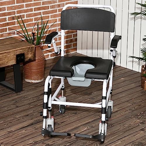 HOMCOM Accessibility Commode Wheelchair, Rolling Shower Wheelchair with 4 Castor Wheels, Rectangle Detachable Bucket, & Waterproof Design, 17" Seat Width, Black 8