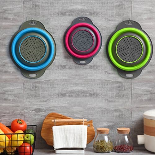 Qimh Collapsible Colander Set of 3 Round Silicone Kitchen Strainer Set - 2 pcs 4 Quart and 1 pcs 2 Quart- Perfect for Draining Pasta, Vegetable and fruit (green,blue, purple) 4
