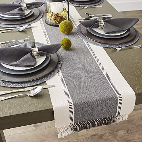 DII Dobby Stripe Woven Table Runner, 13x72 (13x77.5, Fringe Included), Mineral Gray 6