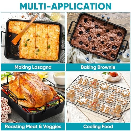 TeamFar Roasting Pan, 16’’ Nonstick Deep Lasagna Brownie Turkey Pan with V-Shaped Rack & Cooling Rack, with Stainless Steel Core & Nonstick Coating, Healthy & Sturdy Handles, Easy to Clean, Set of 3 7