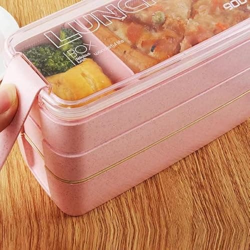 Mejiwasmi Portable Bento Box, 3-layers Lunch Box, 900ML Wheat Straw Dinnerware Food Storage Container (Pink) 5