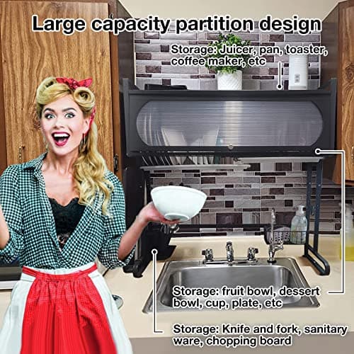 wercome Over The Sink Dish Drying Rack 3 Tier Large Dish Rack Over The Counter Dish Drying Rack for Kitchen Sink Shlef Adjustable (28.34"-31.49") (Black) 3
