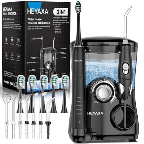 Water Flosser & Ultrasonic Electric Toothbrush Combo, 600ML Water Dental Flosser with 7 Jet Tips, 10 Adjustable Water Pressure, 5 Toothbrush Heads for Home Use, Gums, Braces (Black)