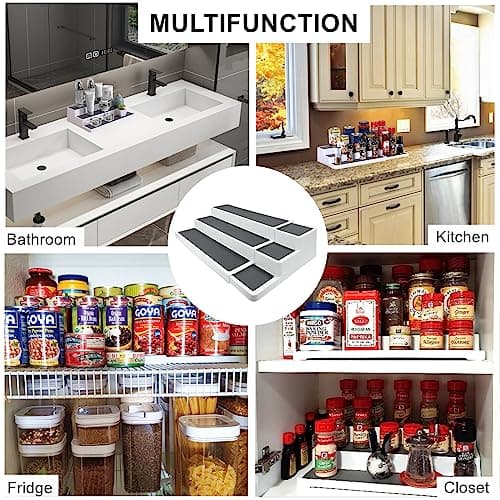 CiWiVOKi 3 Tier Expandable Spice Rack Organizer, White/Grey Plastic Spice Rack, Adjustable Length 14.6In-25.8In, 2 Pack Non-Skid Tiered Spice Shelf Organizer for Kitchen Cabinet, Cupboard, Pantry 6